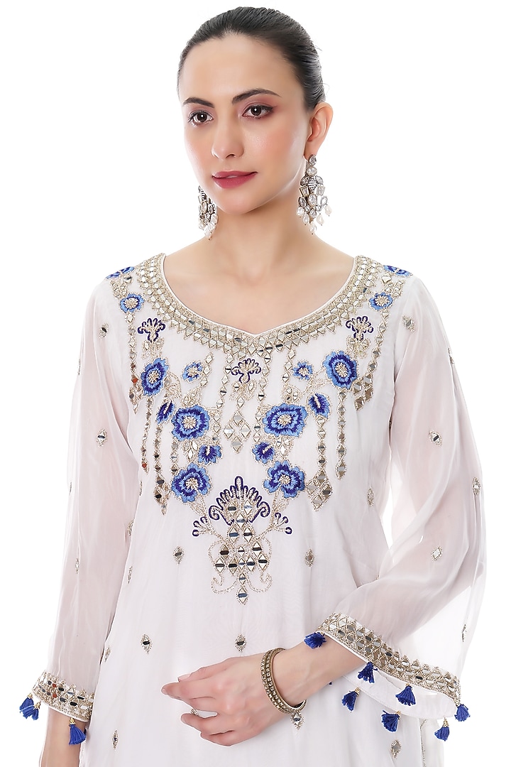 White Organza Mirror Embroidered Party Wear Sharara Set by Tanu Malhotra at Pernia's Pop Up Shop