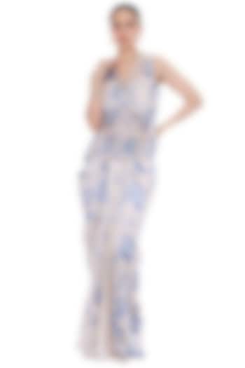 Blue & White Modal Satin Floral Printed Draped Skirt Set by Tanu Malhotra at Pernia's Pop Up Shop