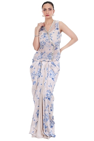 Blue & White Modal Satin Floral Printed Draped Skirt Set by Tanu Malhotra