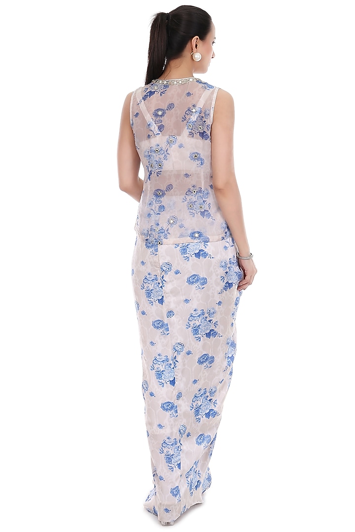 Blue & White Modal Satin Floral Printed Draped Skirt Set by Tanu Malhotra at Pernia's Pop Up Shop