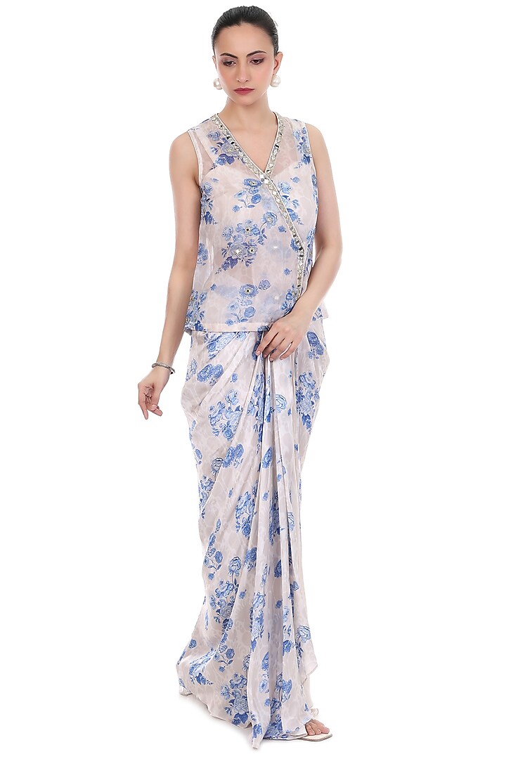 Blue & White Modal Satin Floral Printed Draped Skirt Set by Tanu Malhotra at Pernia's Pop Up Shop
