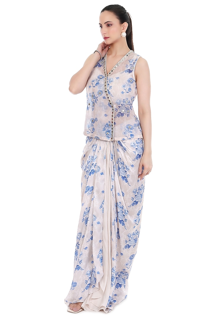Blue & White Modal Satin Floral Printed Draped Skirt Set by Tanu Malhotra at Pernia's Pop Up Shop