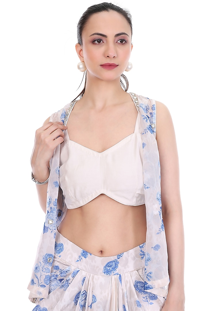 Blue & White Modal Satin Floral Printed Draped Skirt Set by Tanu Malhotra at Pernia's Pop Up Shop