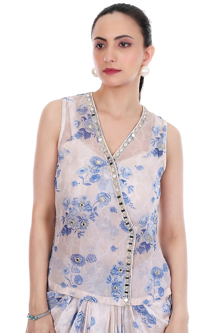 Blue & White Modal Satin Floral Printed Draped Skirt Set by Tanu Malhotra at Pernia's Pop Up Shop