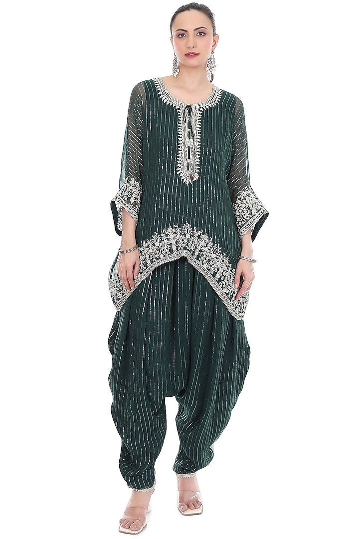 Green Lurex Embroidered High-Low Kaftan Set by Tanu Malhotra at Pernia's Pop Up Shop