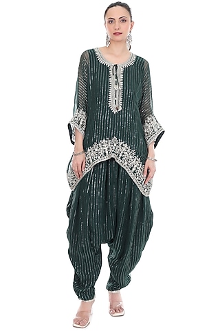 Green Lurex Embroidered High-Low Kaftan Set by Tanu Malhotra