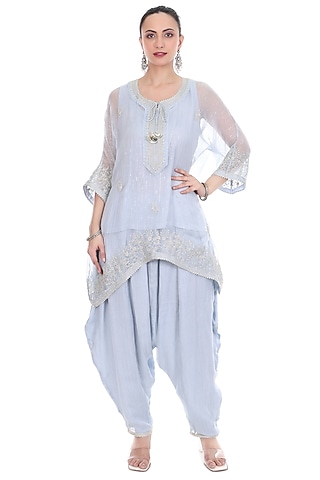 Blue Lurex Embroidered High-Low Kaftan Set by Tanu Malhotra