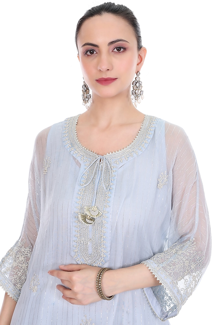 Blue Lurex Embroidered High-Low Kaftan Set by Tanu Malhotra at Pernia's Pop Up Shop