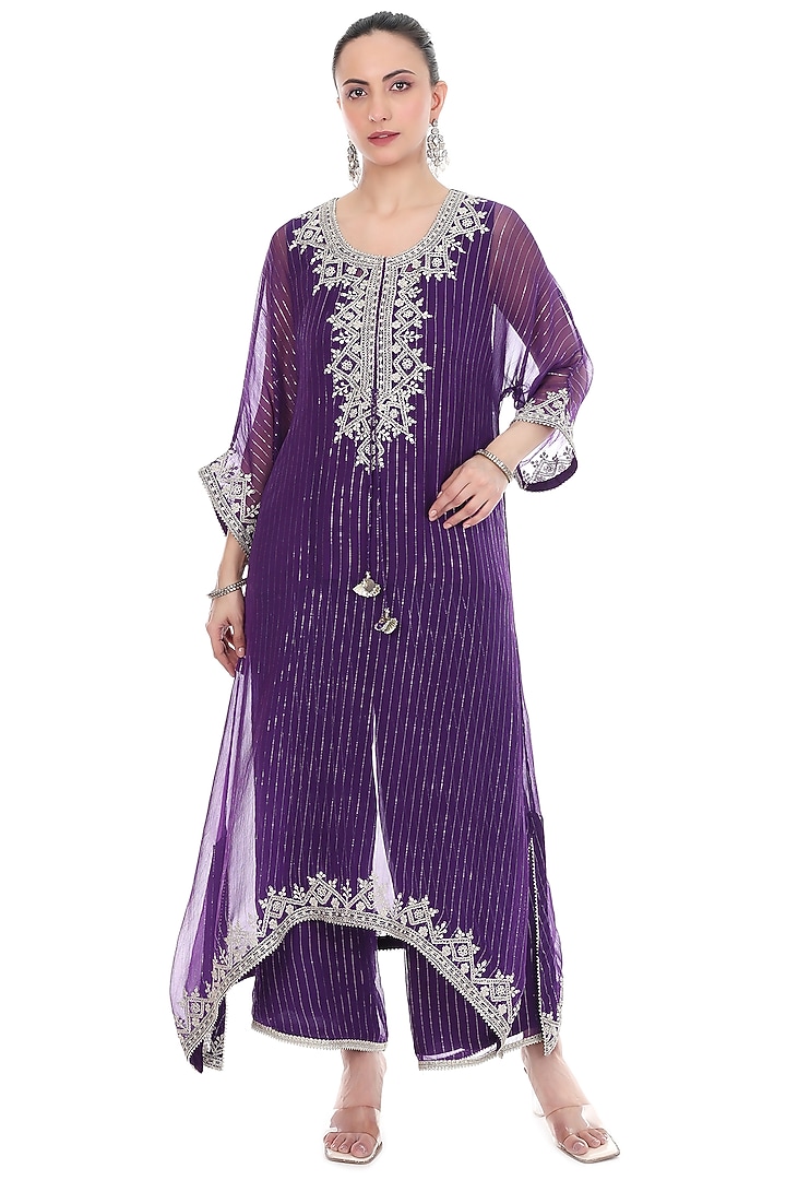 Purple Lurex Embroidered High-Low Kaftan Set by Tanu Malhotra at Pernia's Pop Up Shop