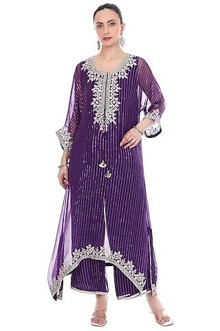 Purple Lurex Embroidered High-Low Kaftan Set by Tanu Malhotra