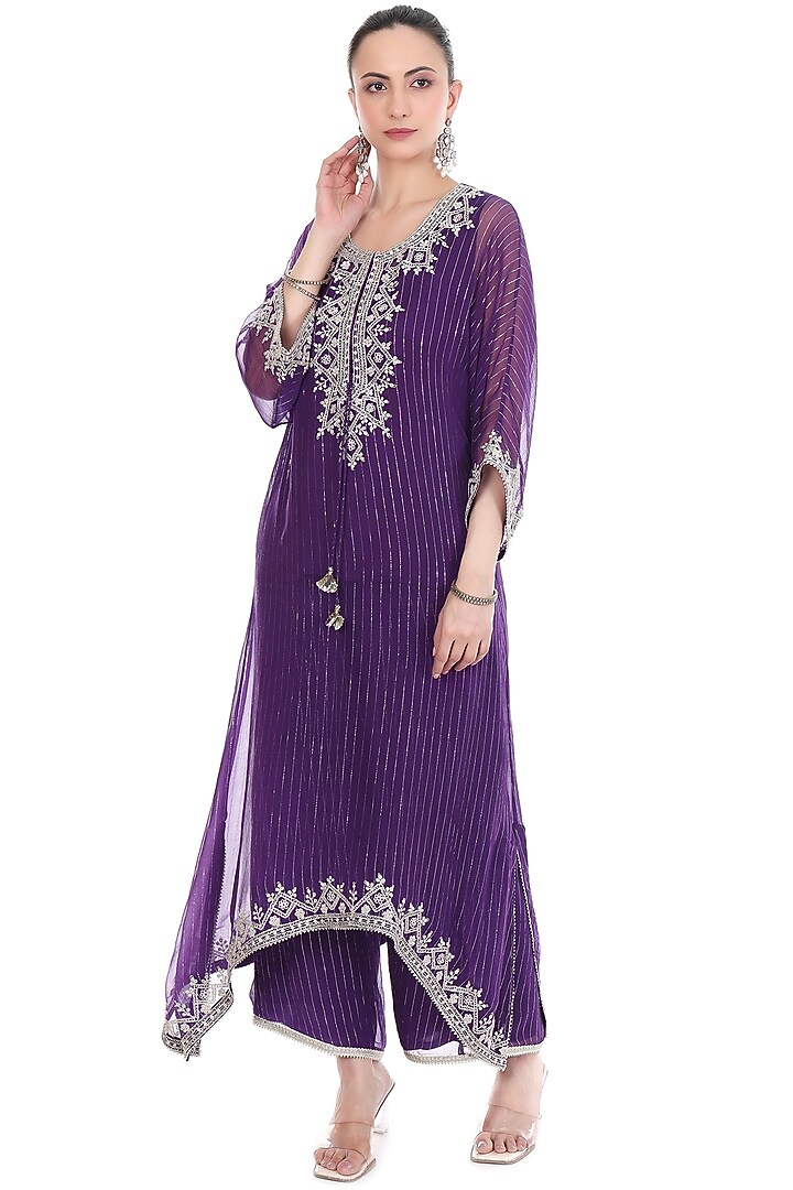 Purple Lurex Embroidered High-Low Kaftan Set by Tanu Malhotra at Pernia's Pop Up Shop
