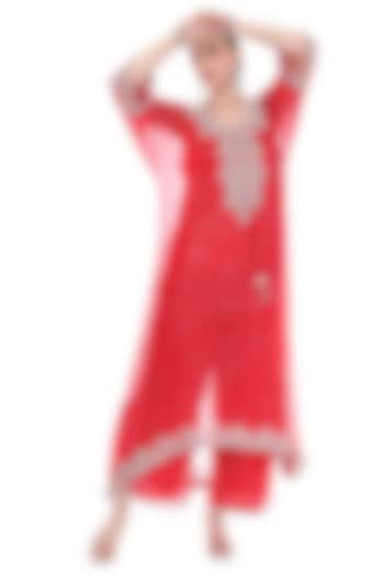 Red Lurex Embroidered High-Low Kaftan Set by Tanu Malhotra at Pernia's Pop Up Shop