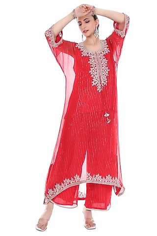 Red Lurex Embroidered High-Low Kaftan Set by Tanu Malhotra