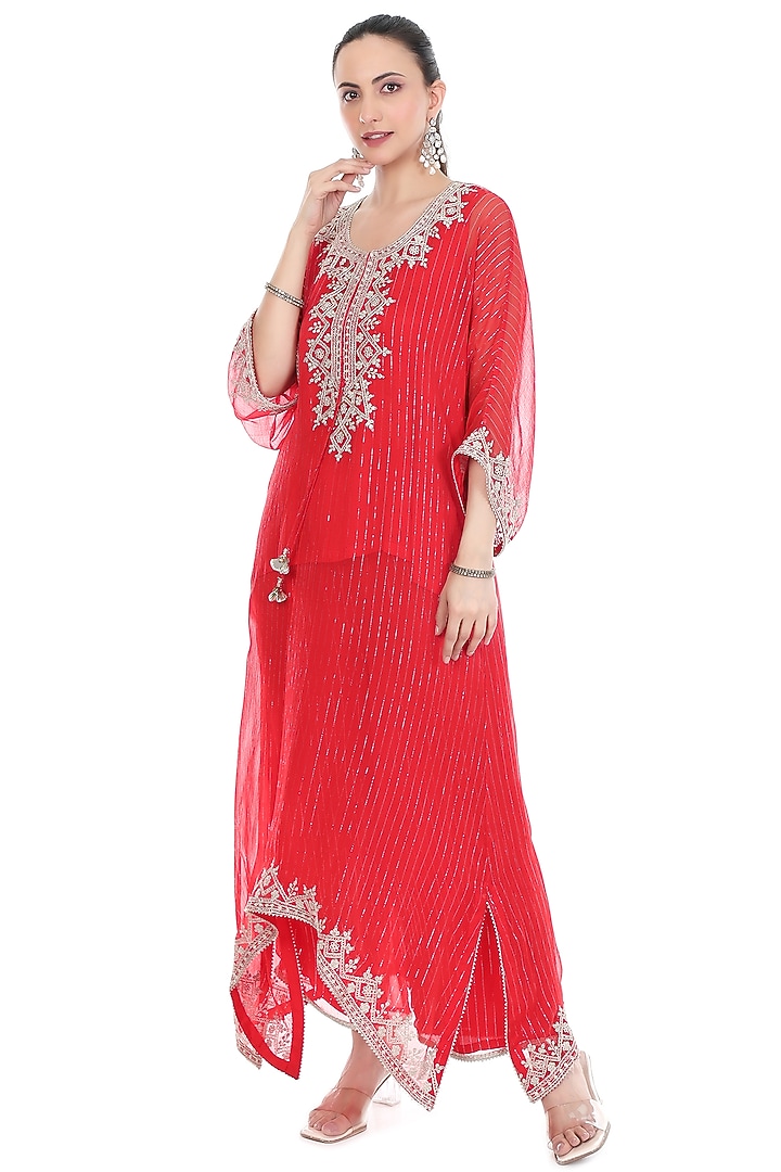 Red Lurex Embroidered High-Low Kaftan Set by Tanu Malhotra at Pernia's Pop Up Shop