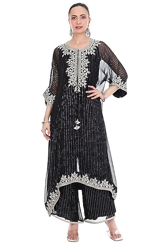 Black Lurex Embroidered High-Low Kaftan Set by Tanu Malhotra