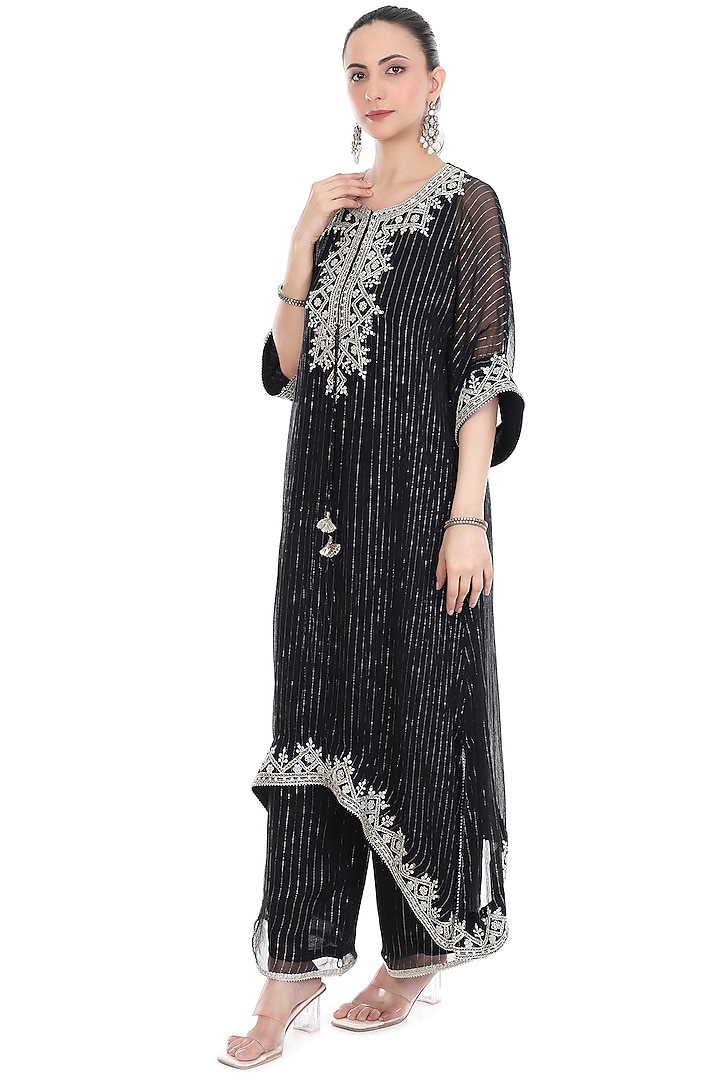Black Lurex Embroidered High-Low Kaftan Set by Tanu Malhotra at Pernia's Pop Up Shop
