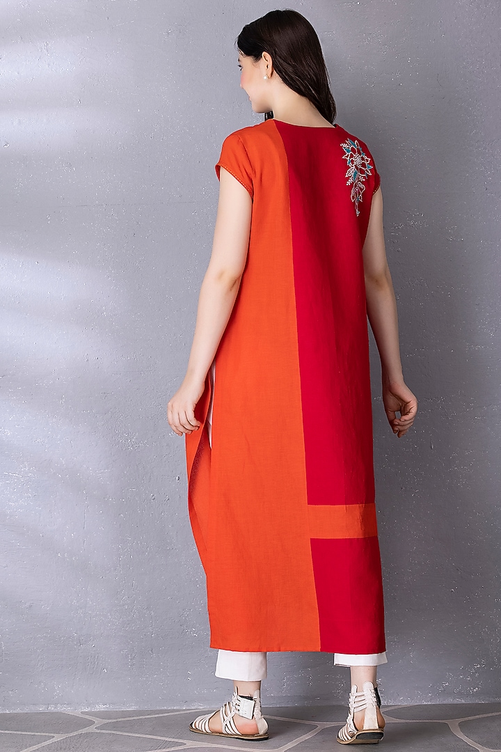 Cherry Red & Orange Cotton Linen Embroidered Tunic Set by Tanu Malhotra at Pernia's Pop Up Shop