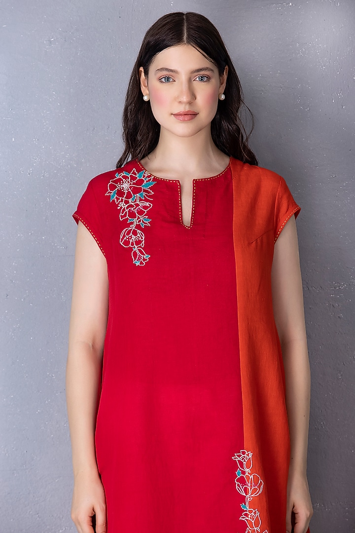 Cherry Red & Orange Cotton Linen Embroidered Tunic Set by Tanu Malhotra at Pernia's Pop Up Shop