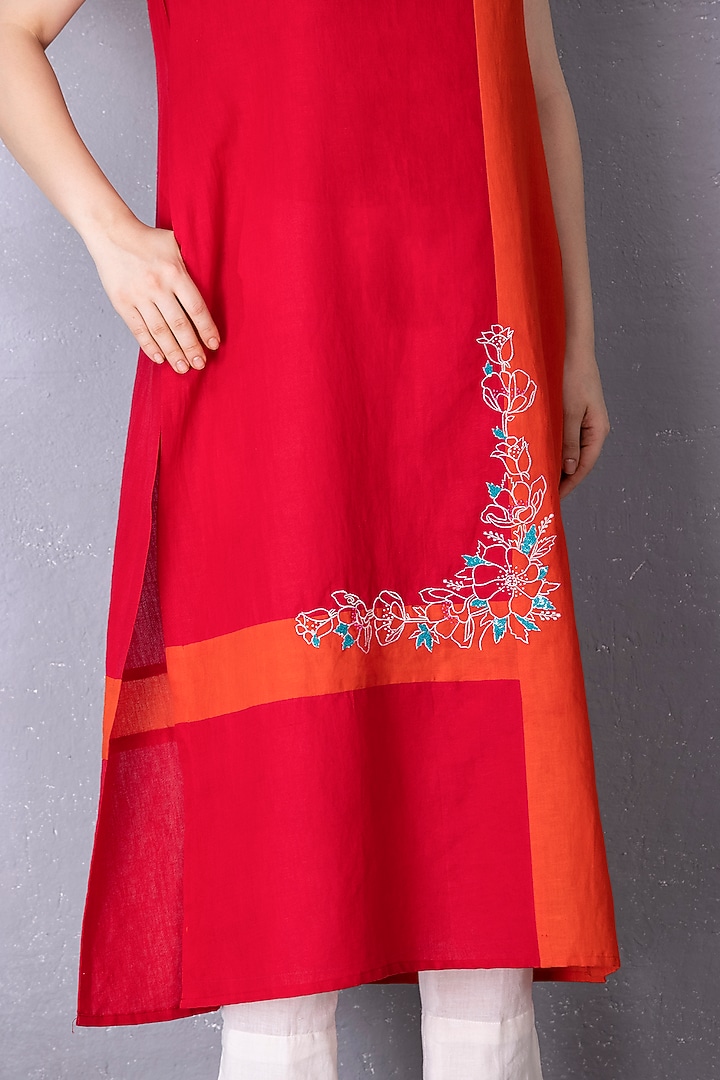 Cherry Red & Orange Cotton Linen Embroidered Tunic Set by Tanu Malhotra at Pernia's Pop Up Shop