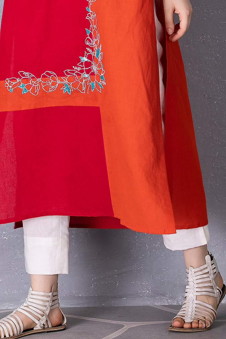 Cherry Red & Orange Cotton Linen Embroidered Tunic Set by Tanu Malhotra at Pernia's Pop Up Shop