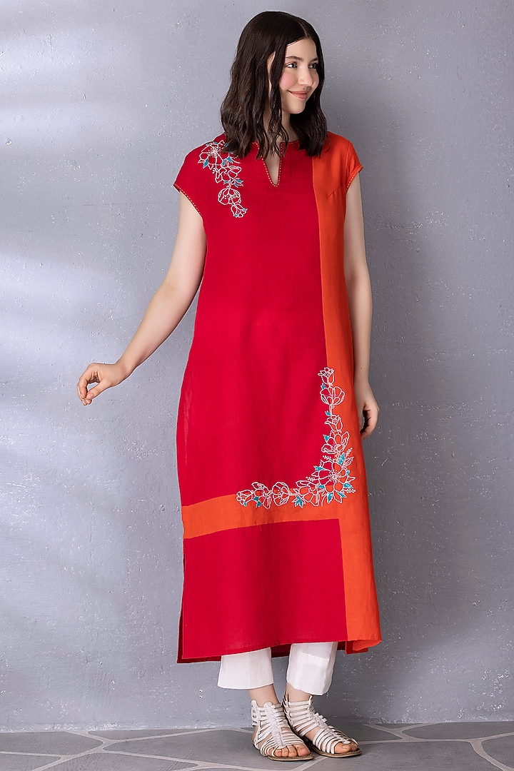 Cherry Red & Orange Cotton Linen Embroidered Tunic Set by Tanu Malhotra at Pernia's Pop Up Shop