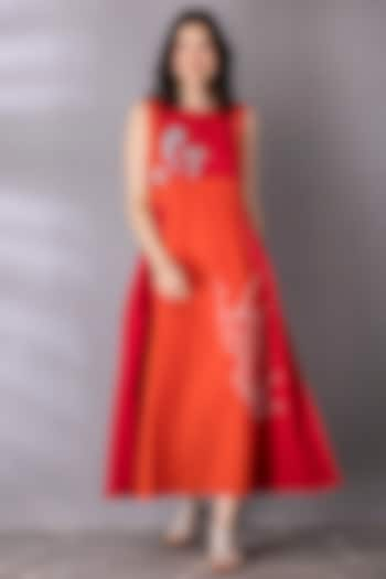 Cherry Red & Burnt Orange Cotton Linen Embroidered Dress by Tanu Malhotra at Pernia's Pop Up Shop