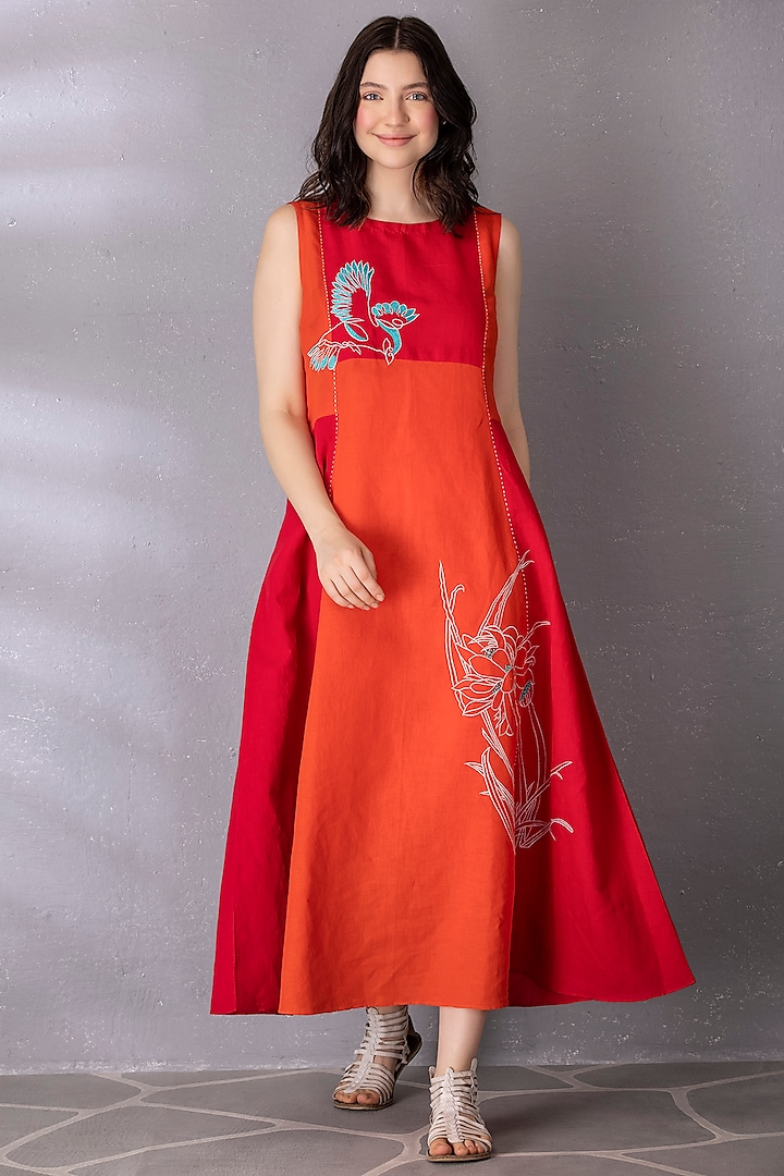 Cherry Red & Burnt Orange Cotton Linen Embroidered Dress by Tanu Malhotra at Pernia's Pop Up Shop