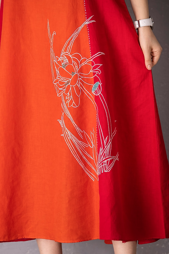 Cherry Red & Burnt Orange Cotton Linen Embroidered Summer Dress by Tanu Malhotra at Pernia's Pop Up Shop