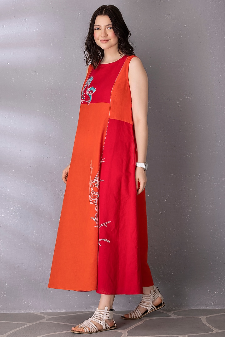 Cherry Red & Burnt Orange Cotton Linen Embroidered Summer Dress by Tanu Malhotra at Pernia's Pop Up Shop