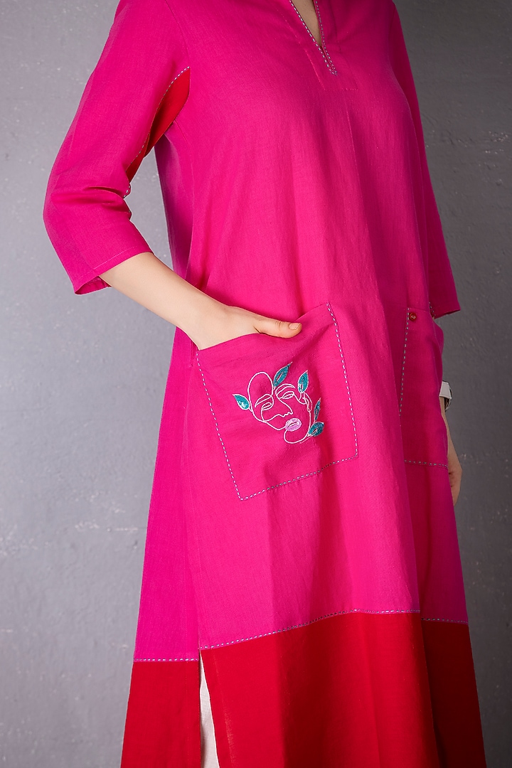 Bubble Gum Cotton Linen Embroidered A-Line Tunic Set by Tanu Malhotra at Pernia's Pop Up Shop
