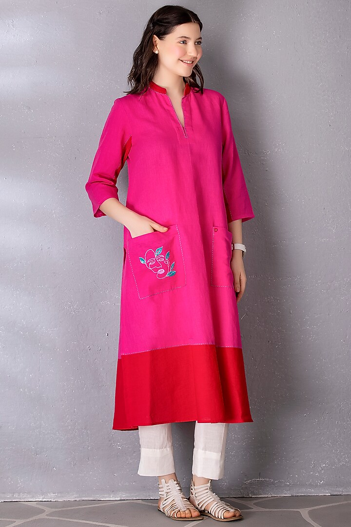 Bubble Gum Cotton Linen Embroidered A-Line Tunic Set by Tanu Malhotra at Pernia's Pop Up Shop