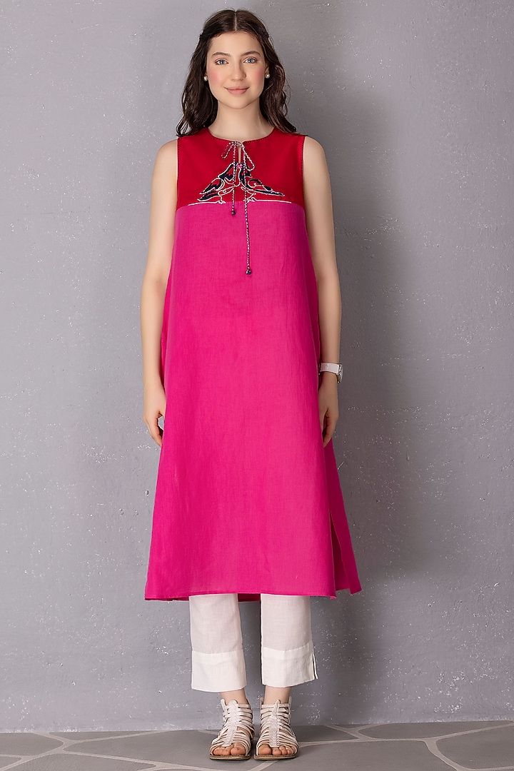 Pink Cotton Linen Embroidered Tunic Set by Tanu Malhotra at Pernia's Pop Up Shop