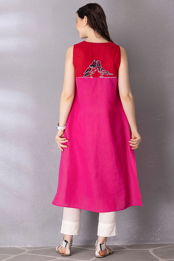 Pink Cotton Linen Embroidered Tunic Set by Tanu Malhotra at Pernia's Pop Up Shop