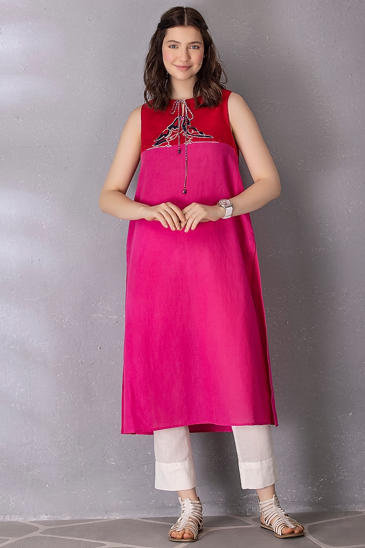 Pink Cotton Linen Embroidered Tunic Set by Tanu Malhotra at Pernia's Pop Up Shop