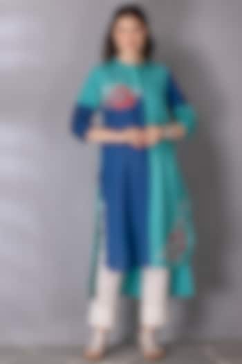 Turquoise & Blue Cotton Linen Embroidered High-Low Tunic Set by Tanu Malhotra at Pernia's Pop Up Shop