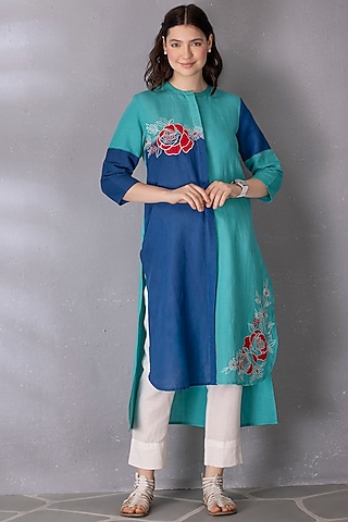 Turquoise & Blue Cotton Linen Embroidered High-Low Tunic Set by Tanu Malhotra