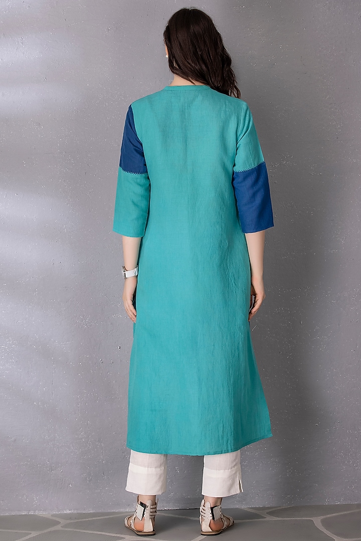 Turquoise & Blue Cotton Linen Embroidered High-Low Tunic Set by Tanu Malhotra at Pernia's Pop Up Shop