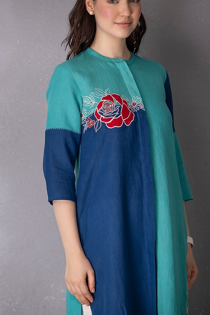 Turquoise & Blue Cotton Linen Embroidered High-Low Tunic Set by Tanu Malhotra at Pernia's Pop Up Shop