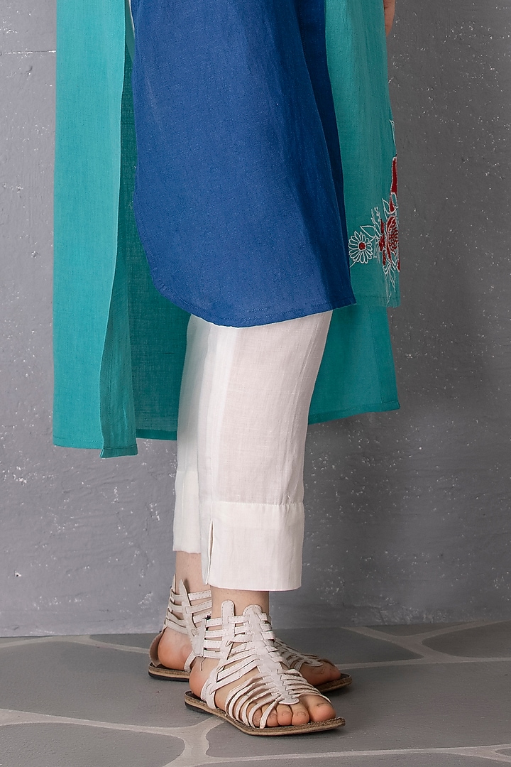 Turquoise & Blue Cotton Linen Embroidered High-Low Tunic Set by Tanu Malhotra at Pernia's Pop Up Shop