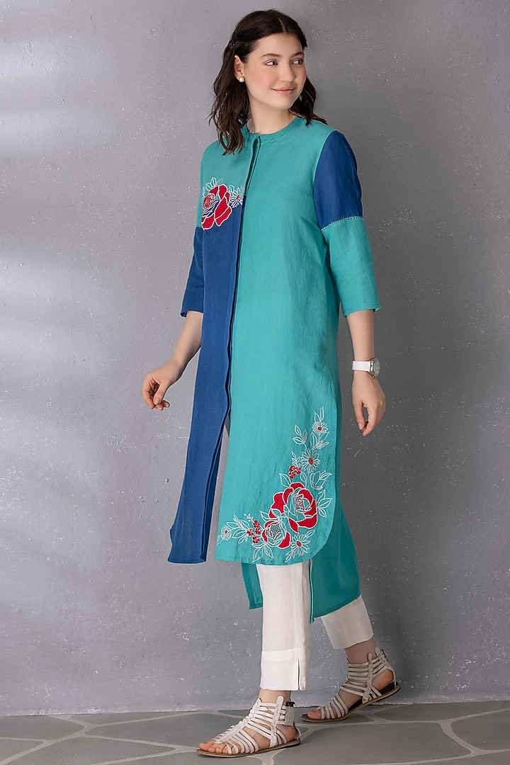 Turquoise & Blue Cotton Linen Embroidered High-Low Tunic Set by Tanu Malhotra at Pernia's Pop Up Shop