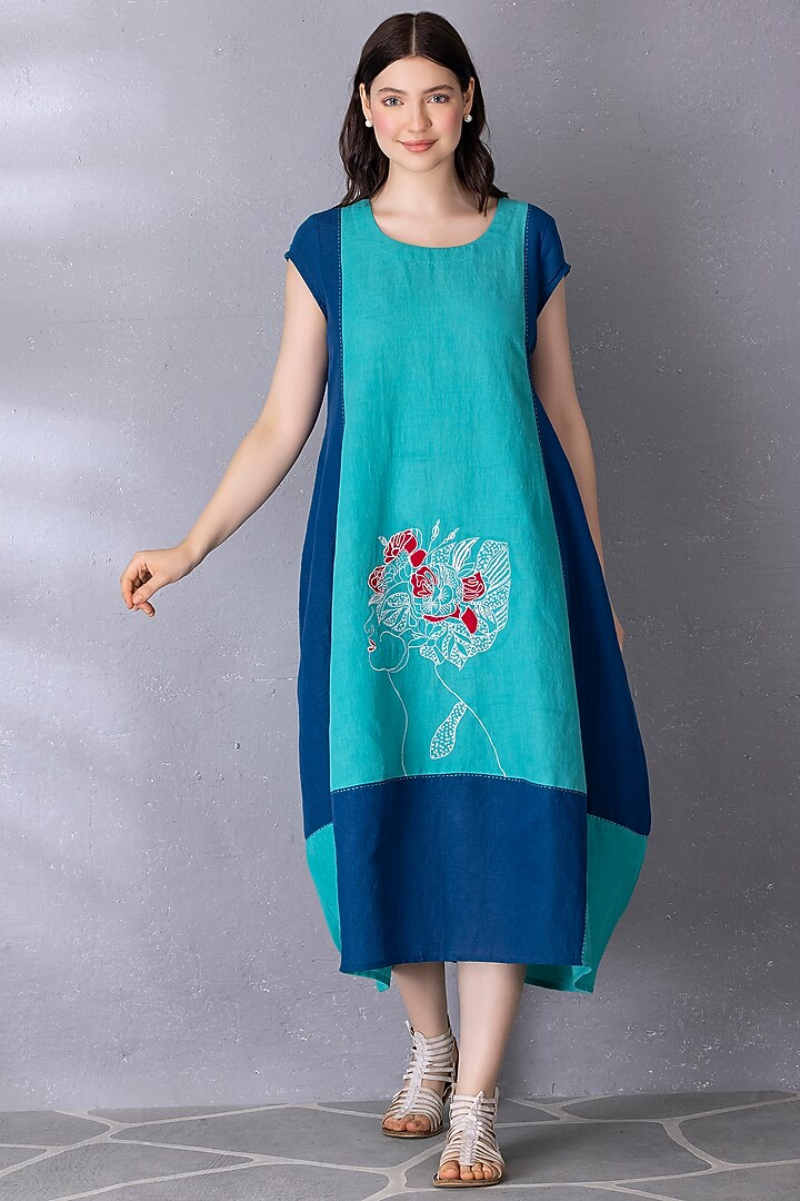 Blue Cotton Linen Embroidered Summer Dress by Tanu Malhotra at Pernia's Pop Up Shop