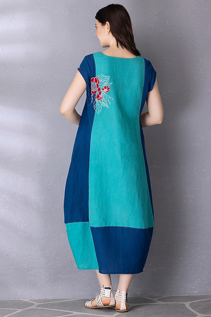 Blue Cotton Linen Embroidered Summer Dress by Tanu Malhotra at Pernia's Pop Up Shop