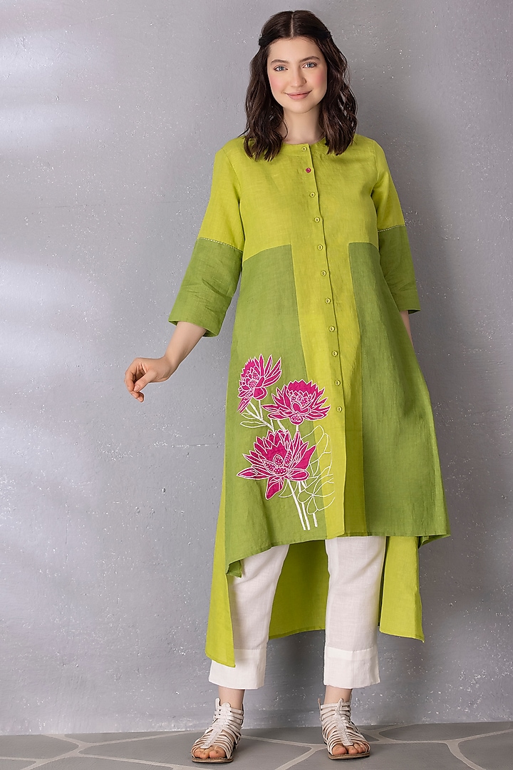 Lime Green & Moss Cotton Linen Embroidered High-Low Tunic Set by Tanu Malhotra