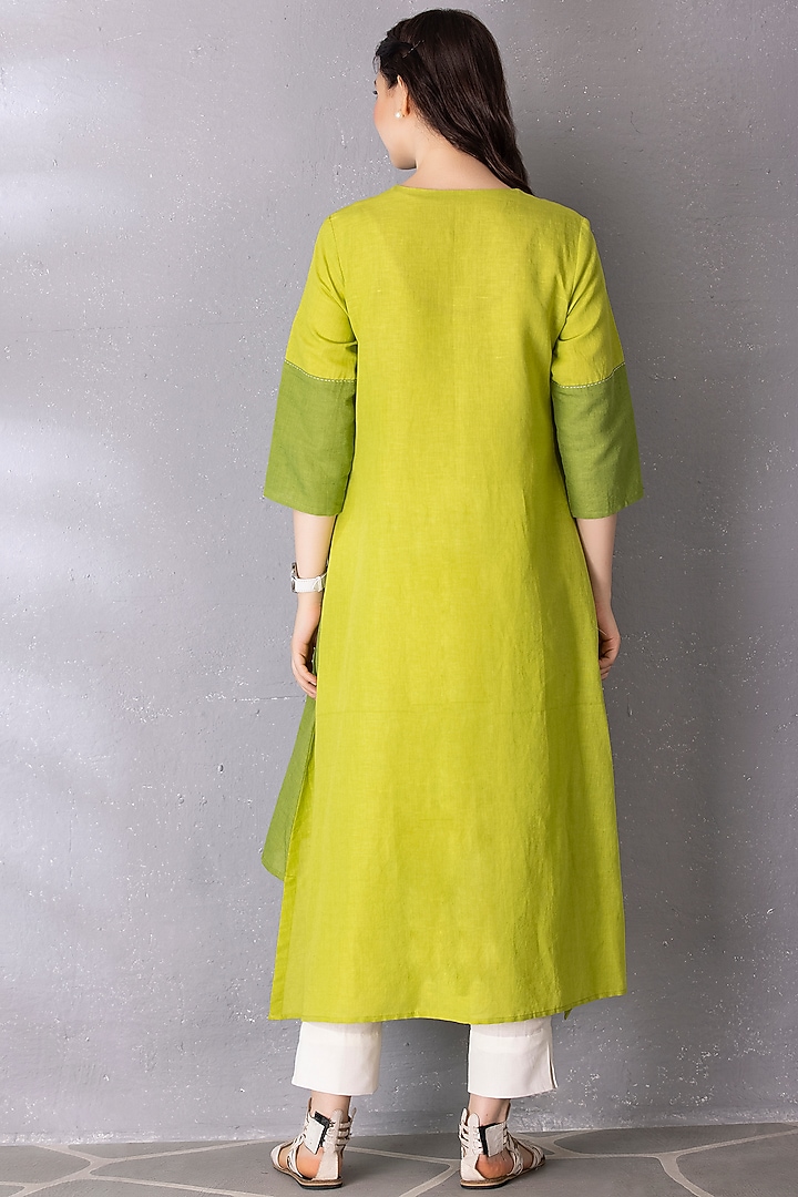 Lime Green & Moss Cotton Linen Embroidered High-Low Tunic Set by Tanu Malhotra at Pernia's Pop Up Shop