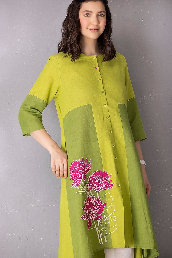 Lime Green & Moss Cotton Linen Embroidered High-Low Tunic Set by Tanu Malhotra at Pernia's Pop Up Shop