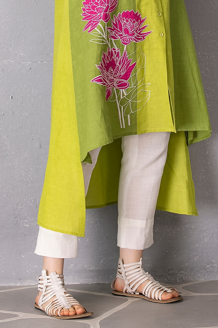 Lime Green & Moss Cotton Linen Embroidered High-Low Tunic Set by Tanu Malhotra at Pernia's Pop Up Shop
