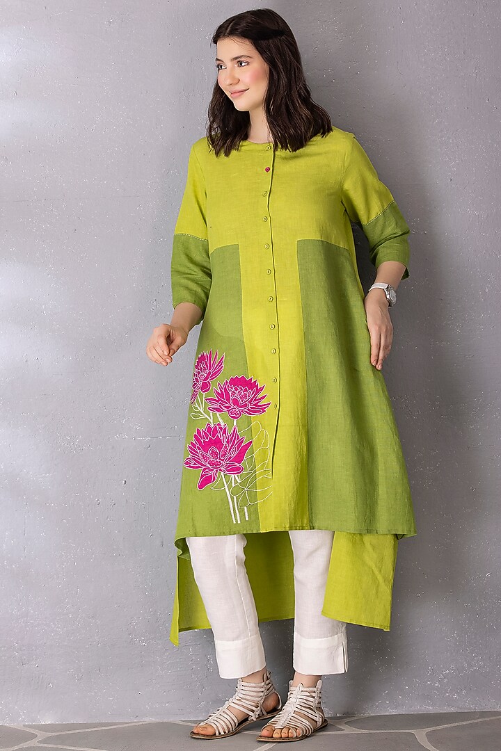 Lime Green & Moss Cotton Linen Embroidered High-Low Tunic Set by Tanu Malhotra at Pernia's Pop Up Shop