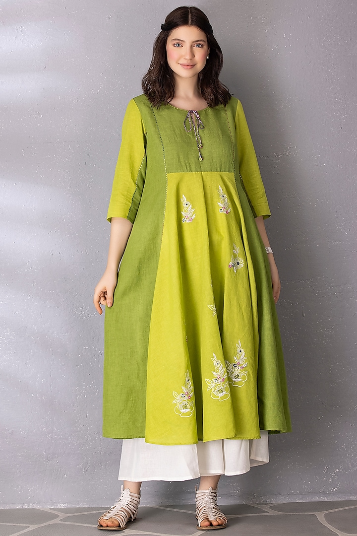 Lime Green & Moss Cotton Linen Embroidered Anarkali Set by Tanu Malhotra