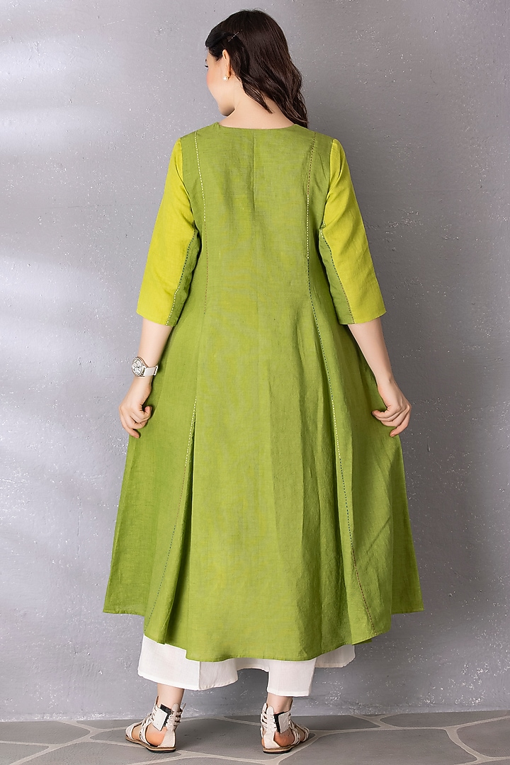 Lime Green & Moss Cotton Linen Embroidered Anarkali Set by Tanu Malhotra at Pernia's Pop Up Shop