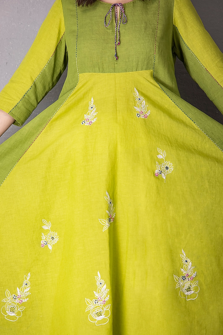 Lime Green & Moss Cotton Linen Embroidered Anarkali Set by Tanu Malhotra at Pernia's Pop Up Shop